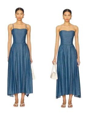 Azeeza Ezra Midi Dress Chambray Pleated Cotton Pockets Sz M NWT